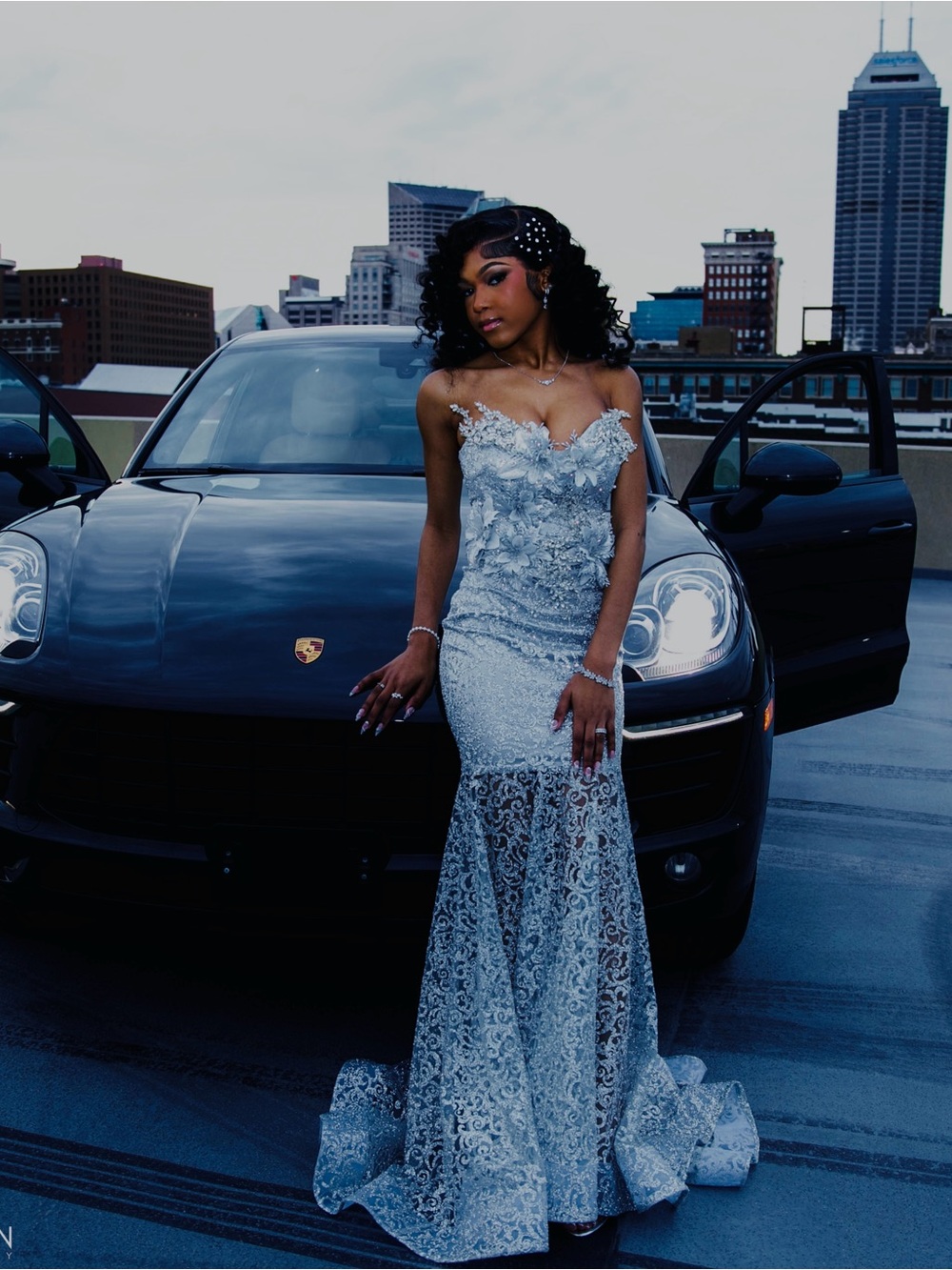 Beaded Silver Lace Mermaid Evening Gown